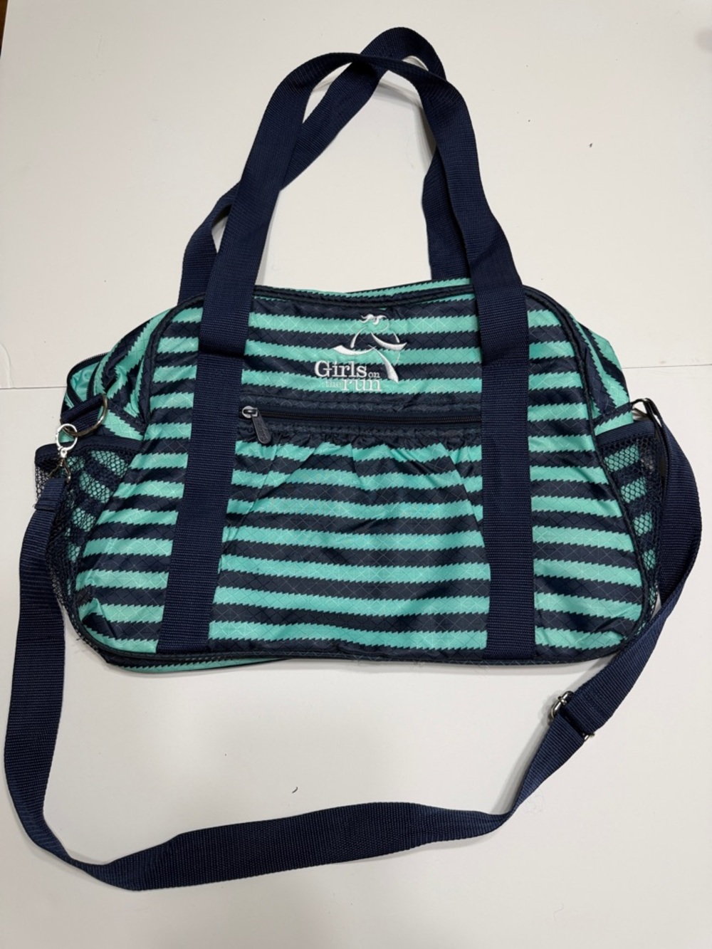Striped Navy & Teal Tote Bag with Shoulder Strap “Girls on the run”